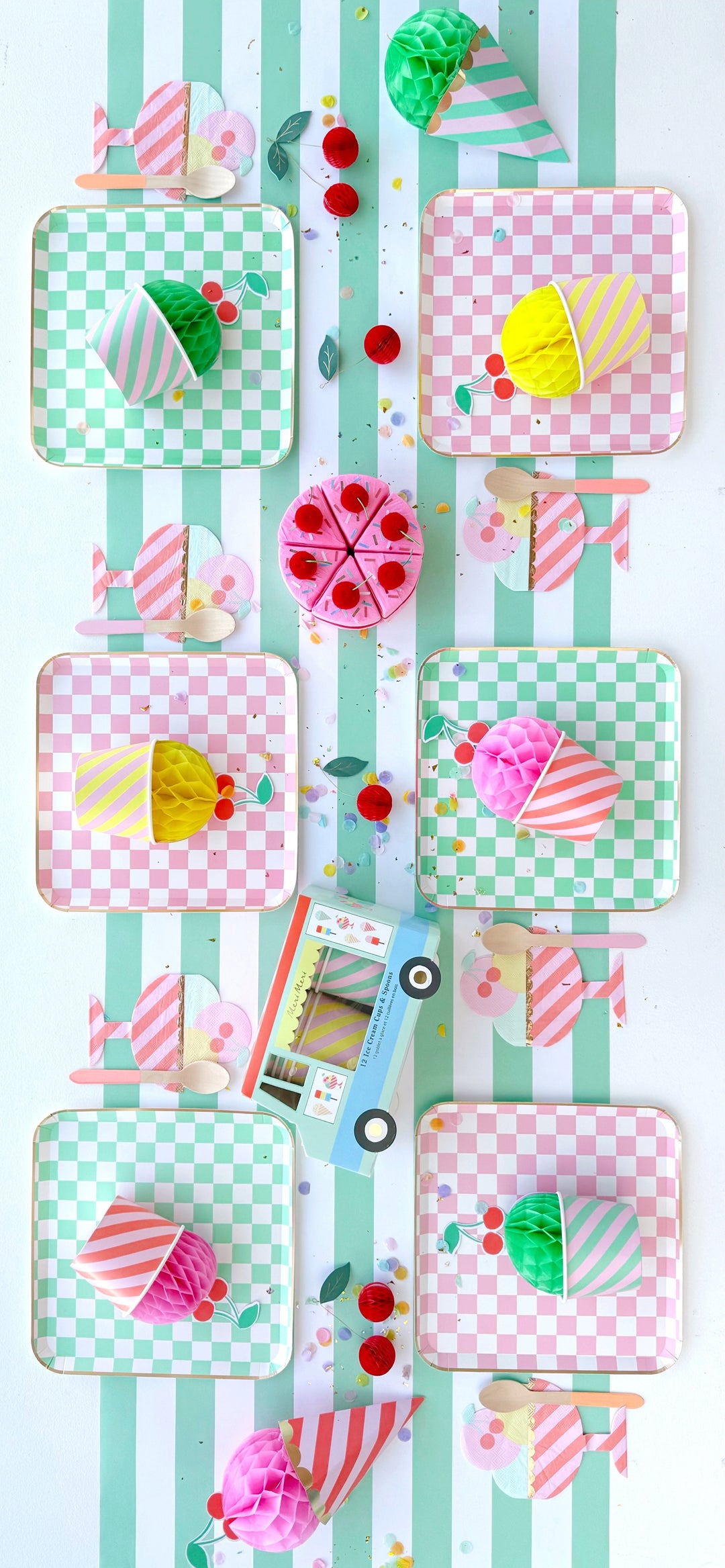 ice cream party supplies for a sweet-themed birthday party