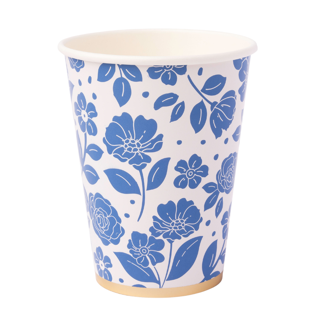 BELLE BLUE ELEGANT FLORAL CUPS Bonjour Fete Cups BELLE BLUE ELEGANT FLORAL CUPS Bonjour Fete - Party Supplies