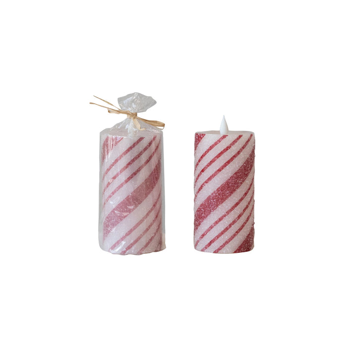CANDY CANE STRIPED FLAMELESS PILLAR CANDLE Creative Co-op CANDY CANE STRIPED FLAMELESS PILLAR CANDLE Bonjour Fete - Party Supplies