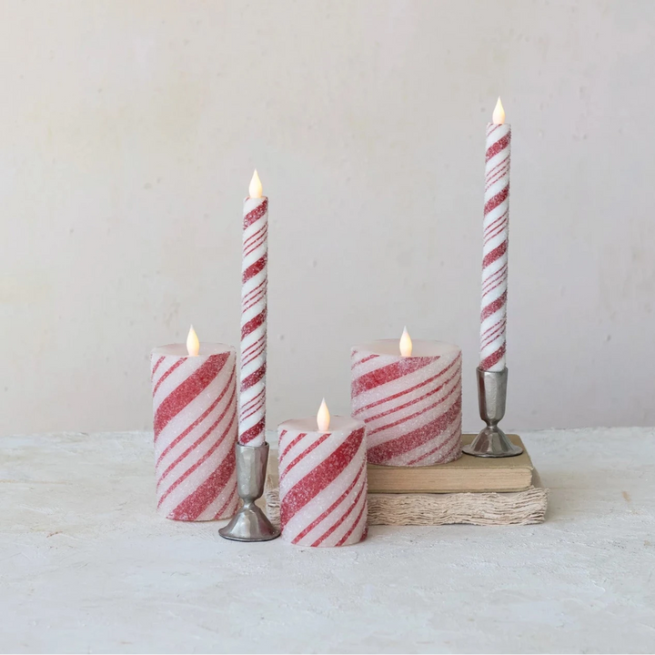 CANDY CANE STRIPED FLAMELESS PILLAR CANDLE Creative Co-op CANDY CANE STRIPED FLAMELESS PILLAR CANDLE Bonjour Fete - Party Supplies