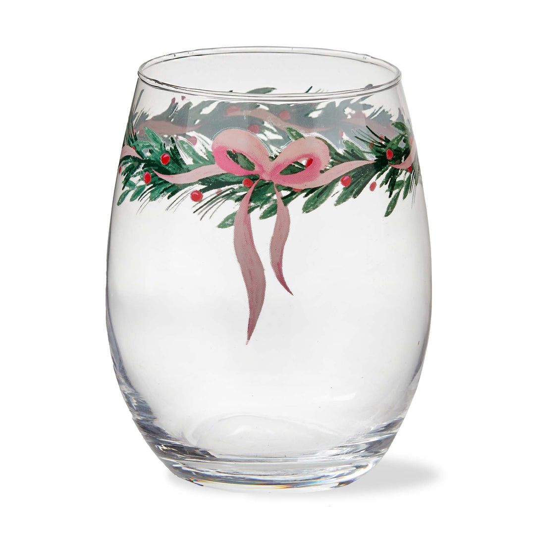 HOLIDAY GARLAND STEMLESS WINE GLASS Tag Christmas Holiday Kitchen & Entertaining HOLIDAY GARLAND STEMLESS WINE GLASS Bonjour Fete - Party Supplies