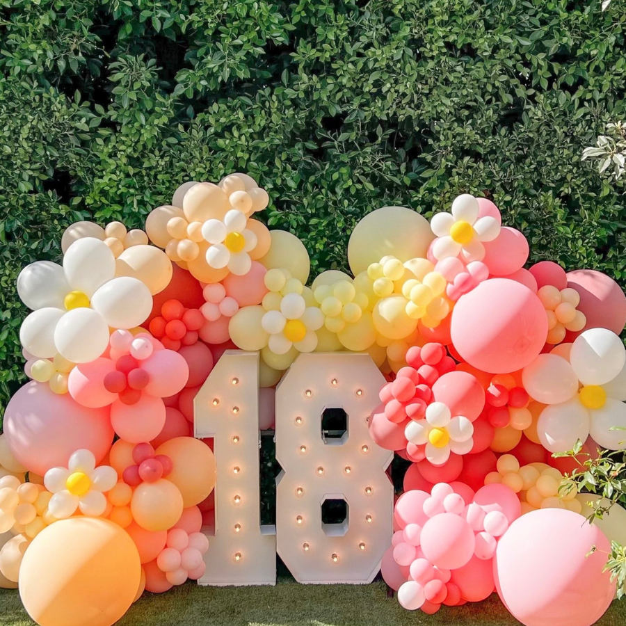 Pink balloon installation with number sign and daisy balloon decorations birthday party balloon decoration ideas - Los Angeles balloon installation