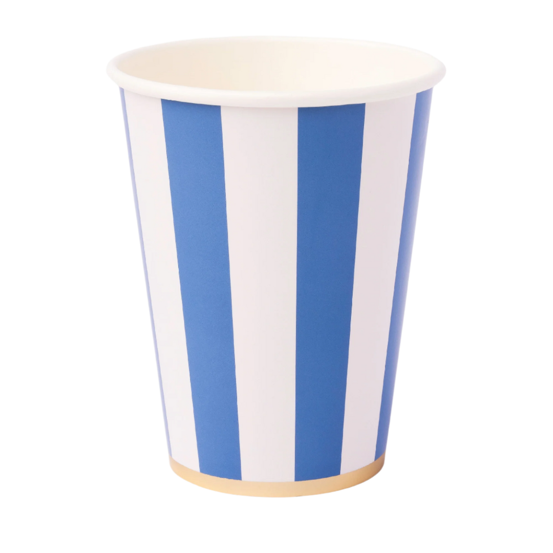 PALISADES BLUE SIGNATURE CABANA STRIPE CUPS Bonjour Fete Cups PALISADES BLUE SIGNATURE CABANA STRIPE CUPS Bonjour Fete - Party Supplies