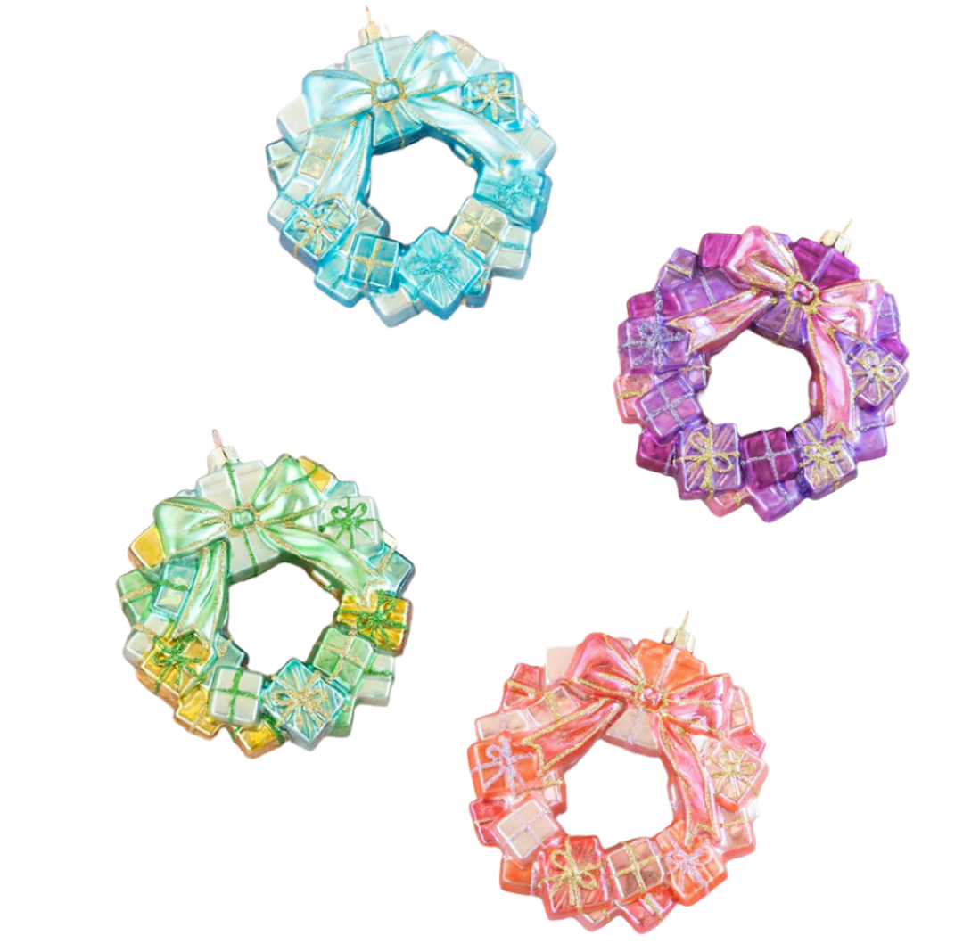 WRAPPED IN GIFTS WREATH GLASS ORNAMENT BY GLITTERVILLE Glitterville Christmas Ornament WRAPPED IN GIFTS WREATH GLASS ORNAMENT BY GLITTERVILLE Bonjour Fete - Party Supplies