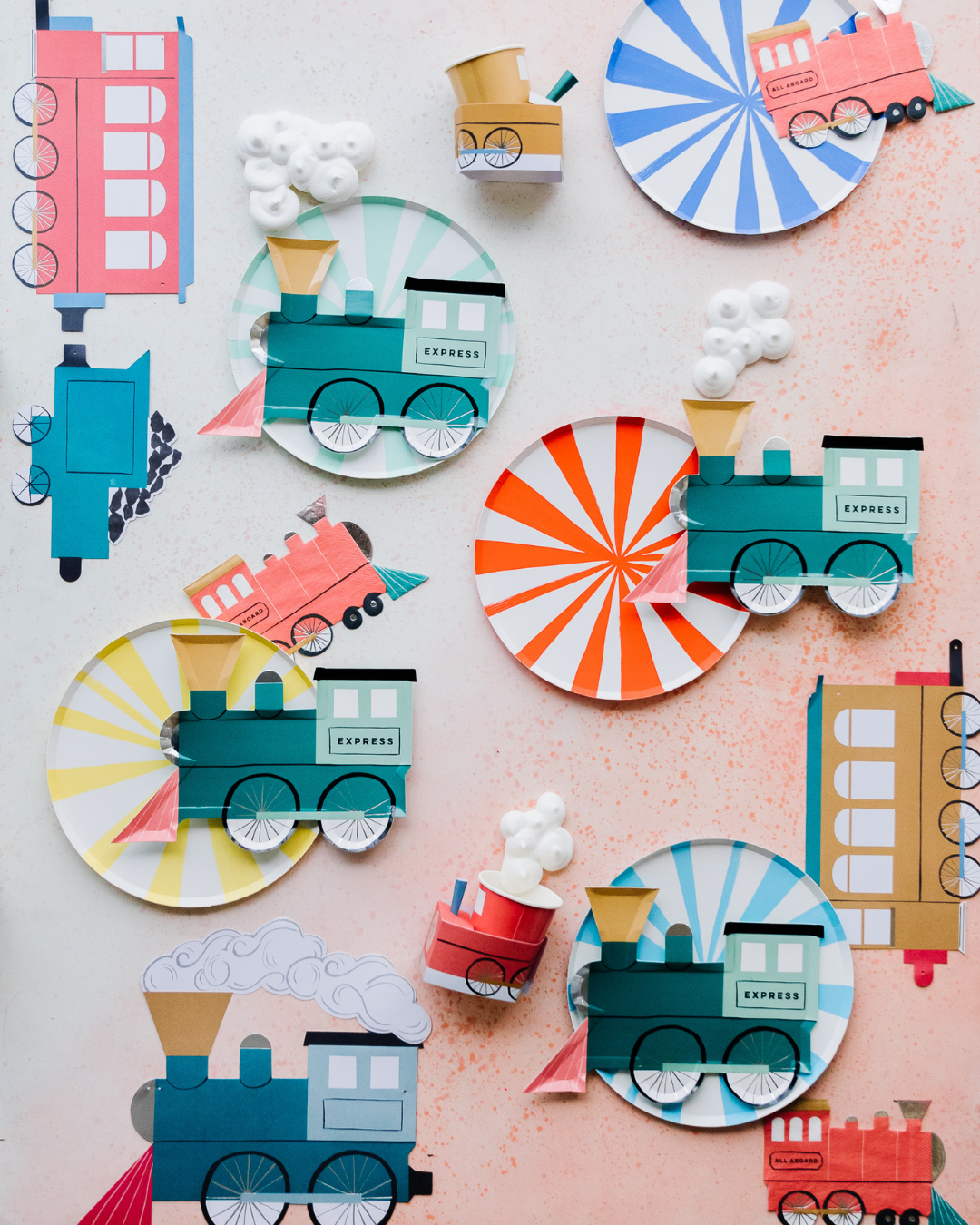 train party train birthday locomotive theme railroad decorations blue and red colors