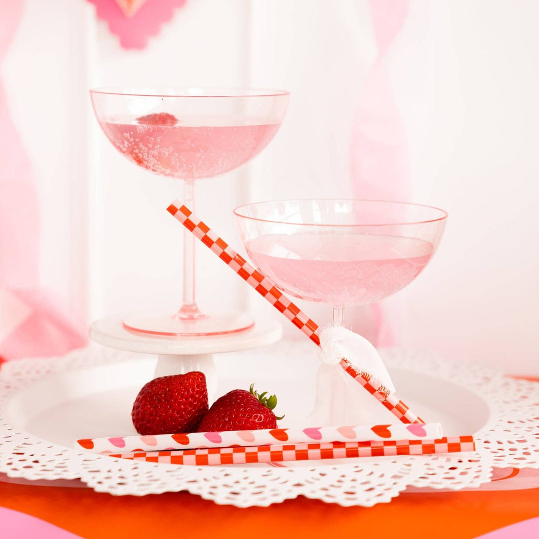 Pink & Red Checker Heart Reusable Straws Bonjour Fete Party Supplies Valentine's Day Party Supplies