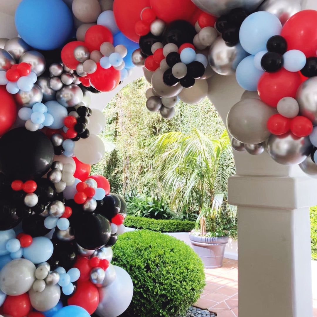 Red, black, blue, and gray balloon garland outdoor balloon decoration ideas - Los Angeles balloon installation