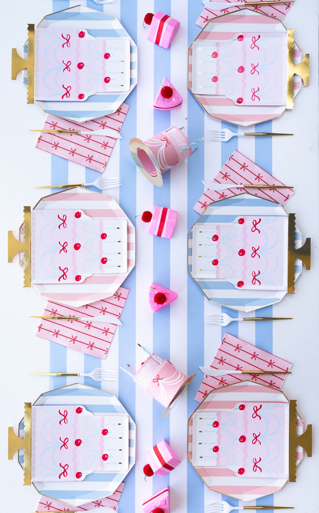 cake-themed party supplies for a birthday party.