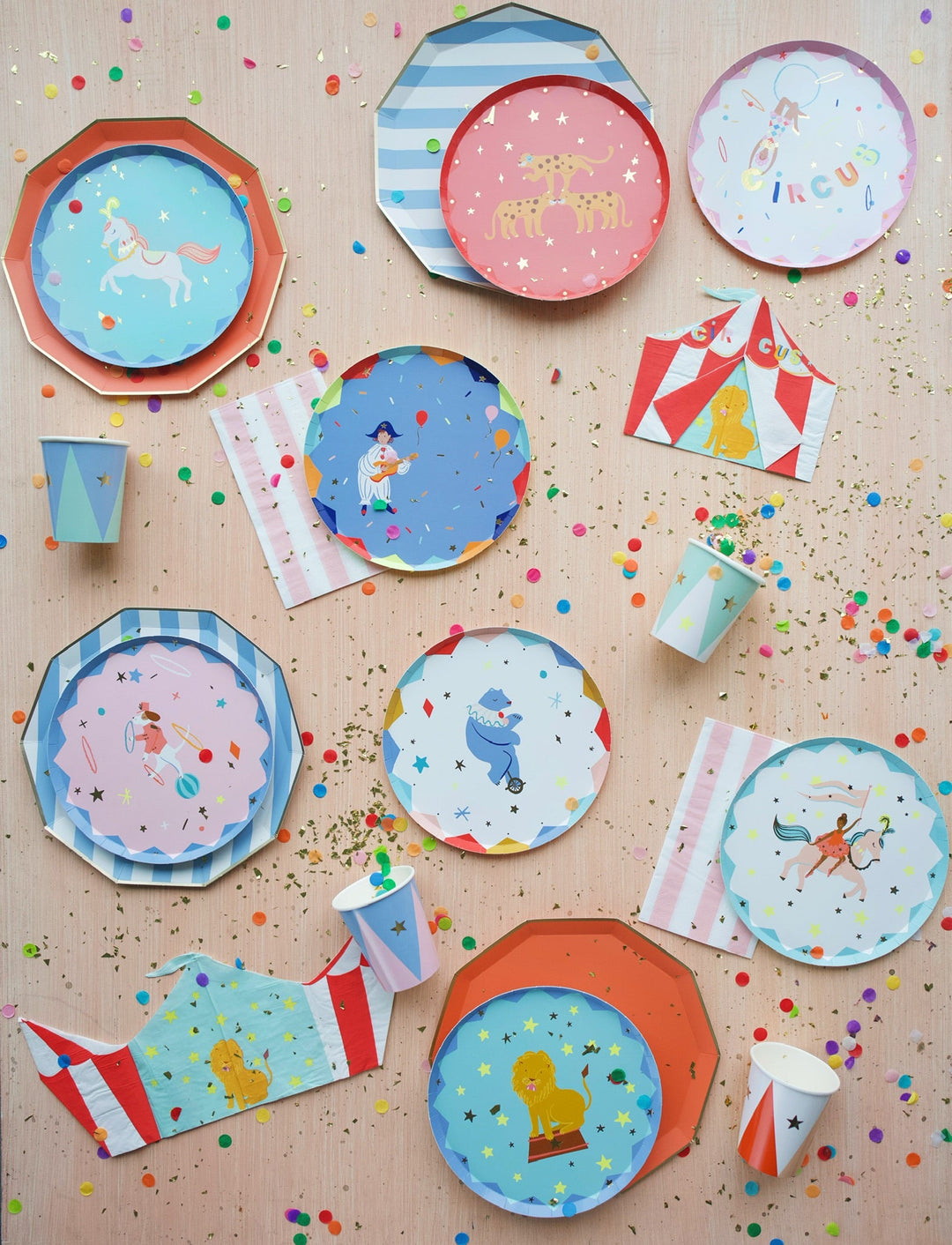 circus party supplies for a carnival-themed birthday party