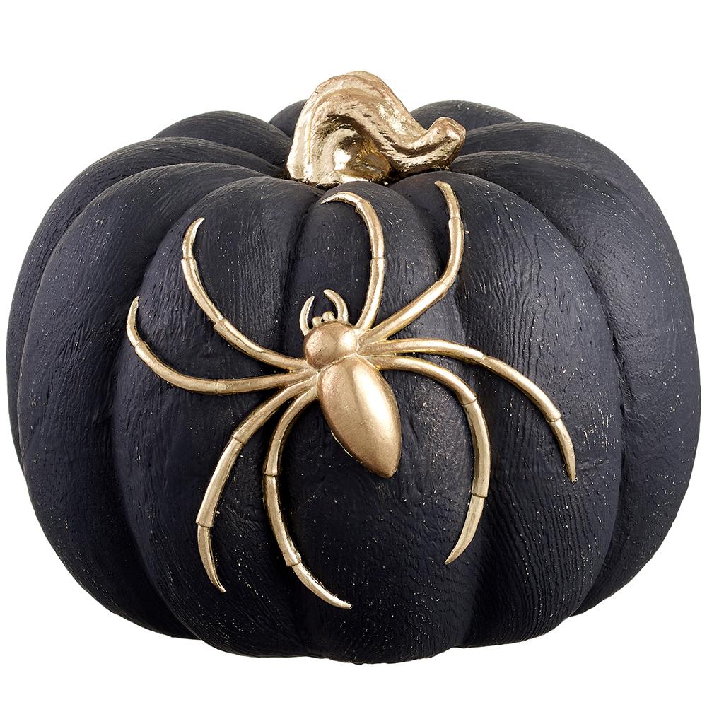BLACK PUMPKIN WITH SPIDER DECORATION Allstate Floral Halloween Home Decor BLACK PUMPKIN WITH SPIDER DECORATION Bonjour Fete - Party Supplies