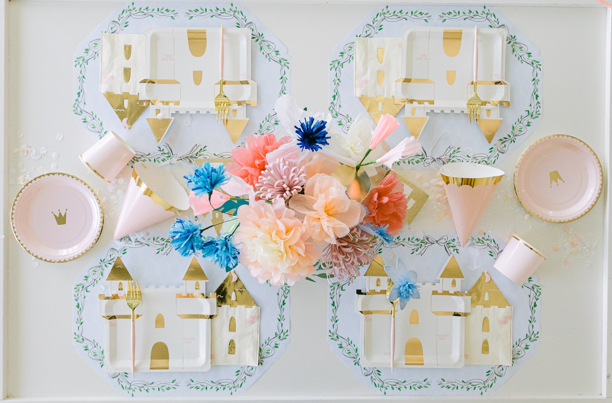 Princess party table settings for a princess theme birthday party.