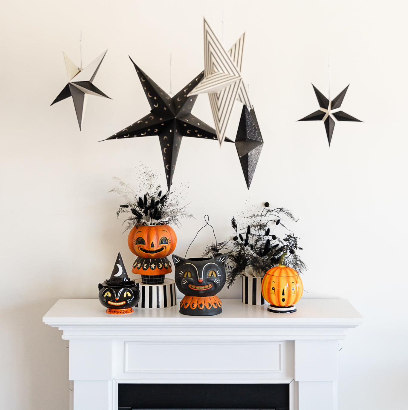 Vintage Halloween mantle display with Johanna Parker Halloween decorations