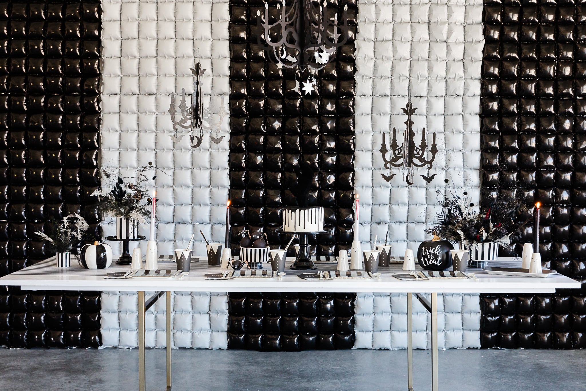 Wednesday Addams party decorations and Wednesday-themed party supplies for a Halloween party idea