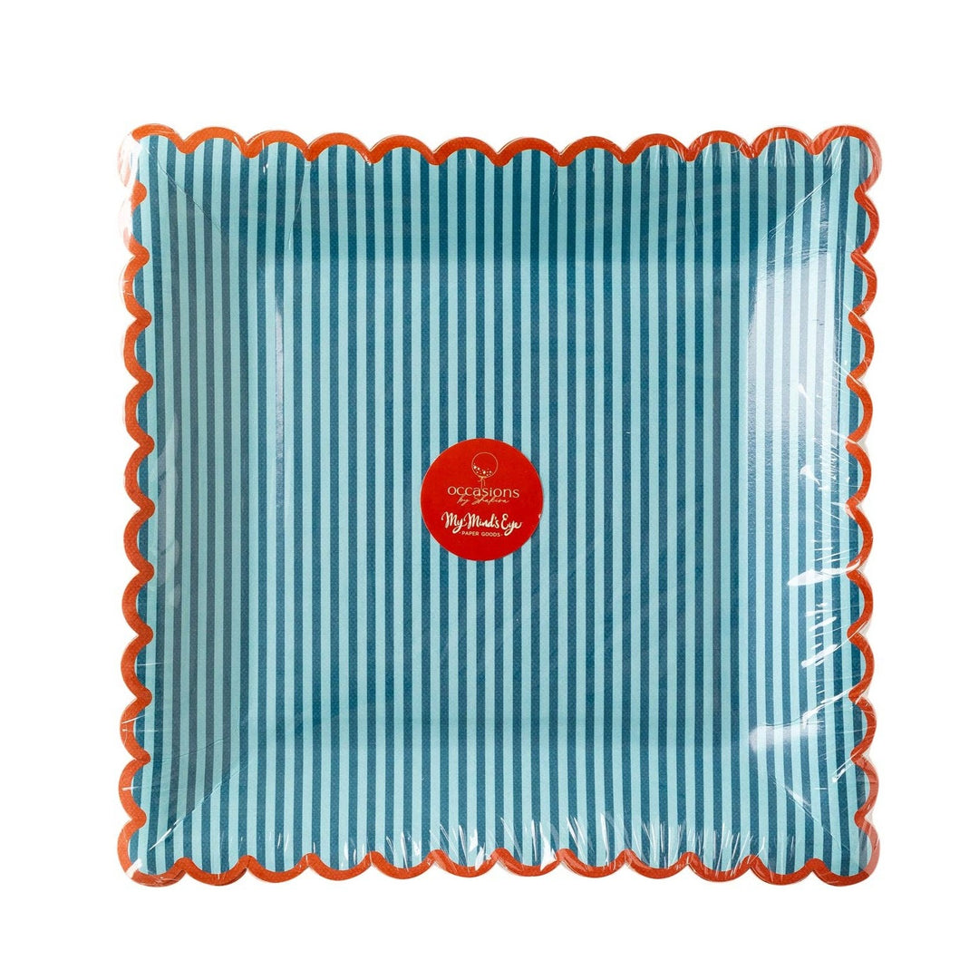BLUE STRIPED RED TRIMMED PLATES Bonjour Fete - Party Supplies