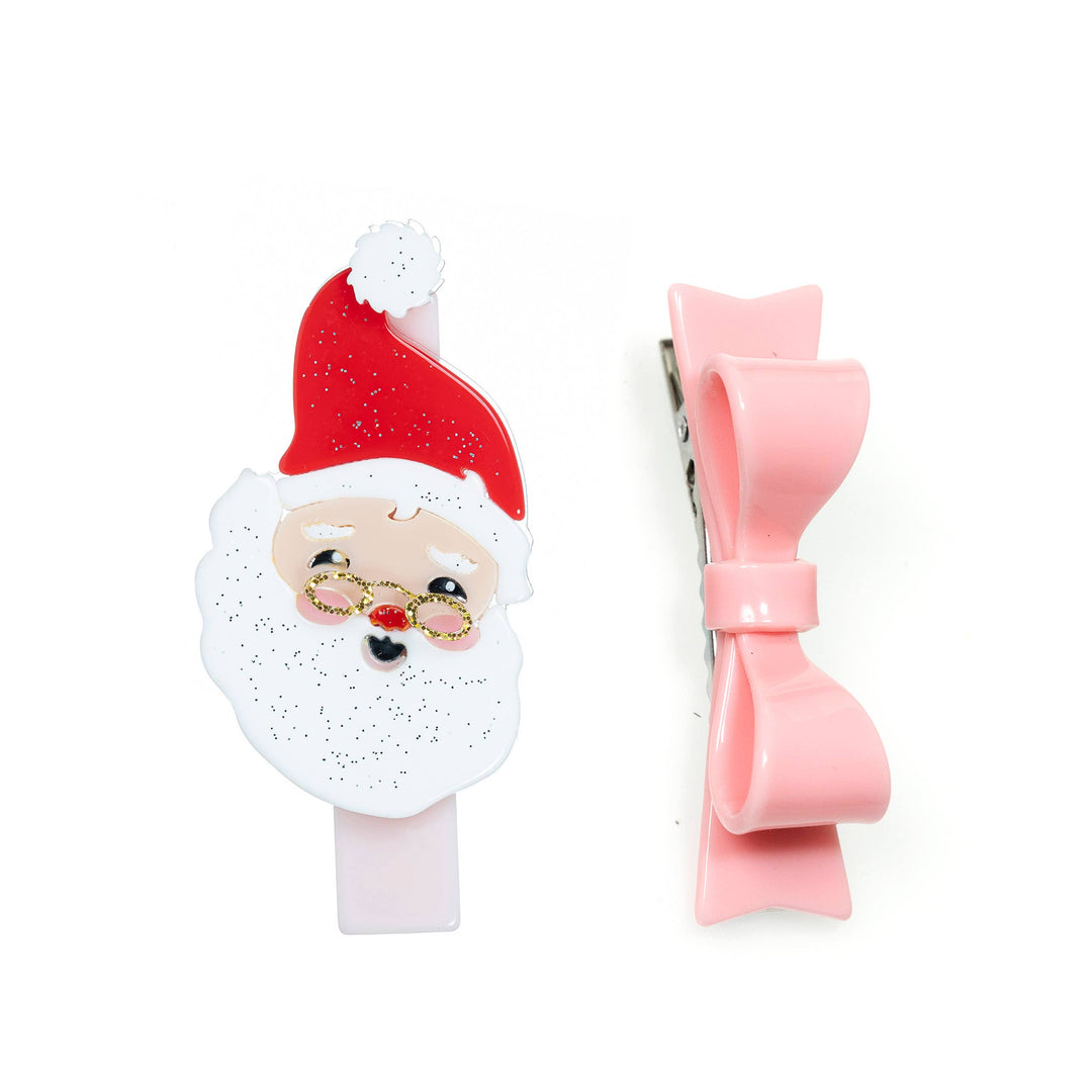 HOL22-Jolly Santa + Pink Bow Tie Alligator Clips Lilies & Roses NY Christmas Wear Bonjour Fete - Party Supplies