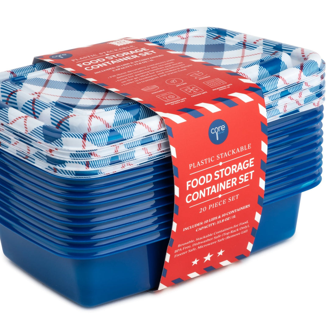 PATRIOTIC FOOD STORAGE SET Core Home Blue & Red Plaid Bonjour Fete - Party Supplies