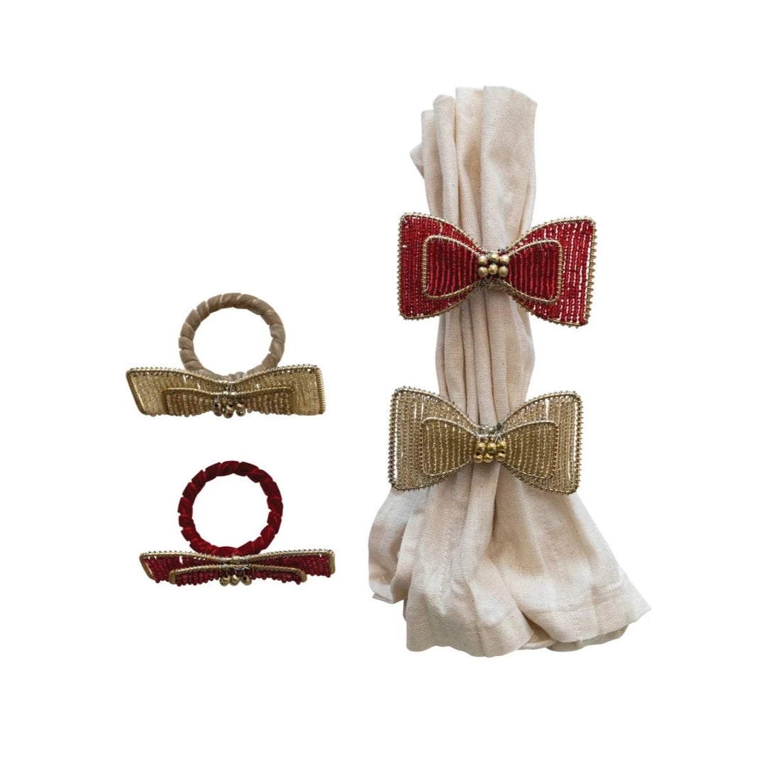 red gold beaded bow napkin ring christmas table decor