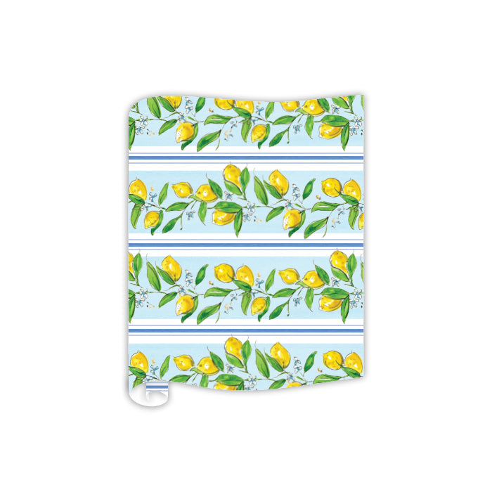 HANDPAINTED LEMONS ON BRANCH PATTERN BLUE STRIPES TABLE RUNNERS Rosanne Beck Collections Table Covers & Placemats Bonjour Fete - Party Supplies