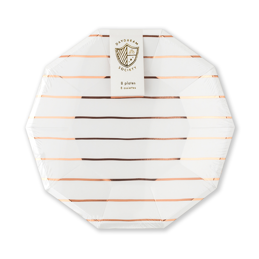 FRENCHIE STRIPED ROSE GOLD PLATES - 8 PK Jollity & Co. + Daydream Society Bonjour Fete - Party Supplies