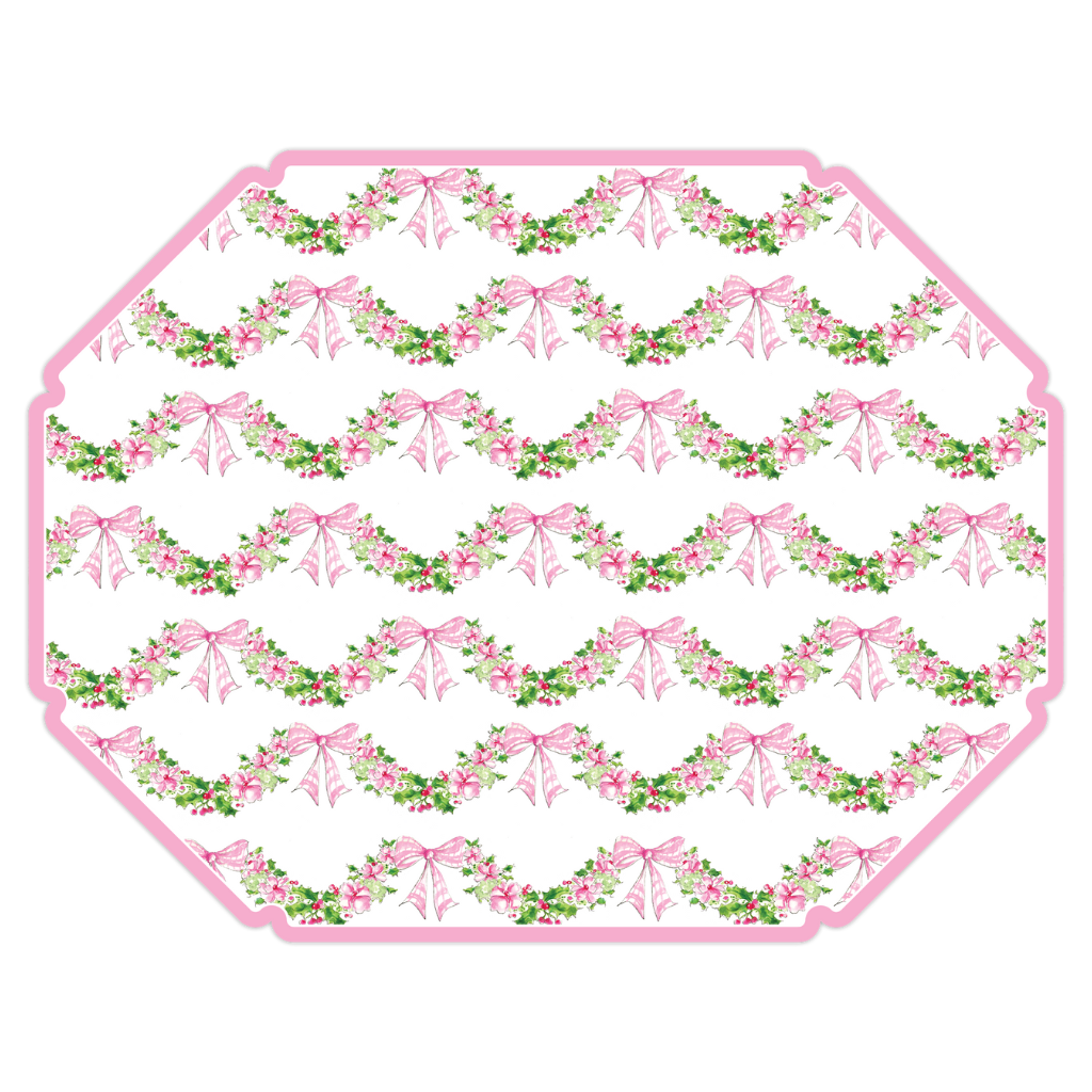 HANDPAINTED POSH PINK FLORAL AND HOLLY SWAG DIE-CUT PLACEMAT Rosanne Beck Collections Christmas Holiday Party Supplies Bonjour Fete - Party Supplies