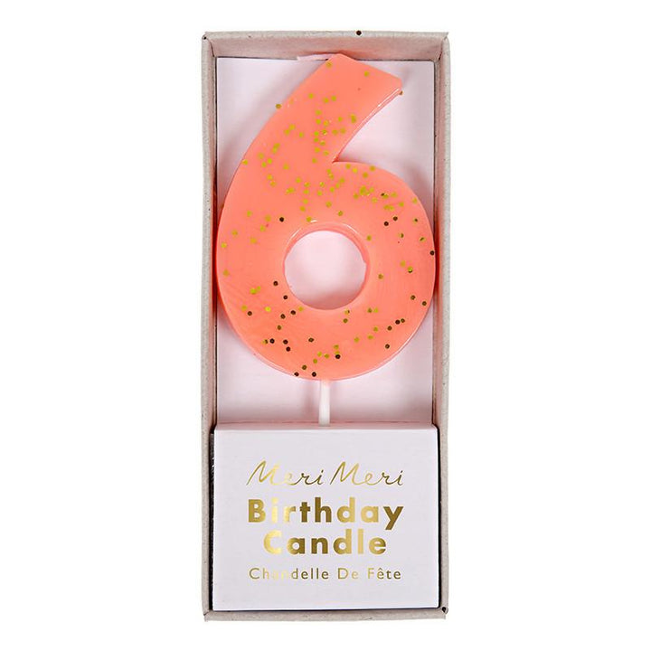 GLITTER NUMBER CANDLES Meri Meri Birthday Candles Coral 6 Bonjour Fete - Party Supplies