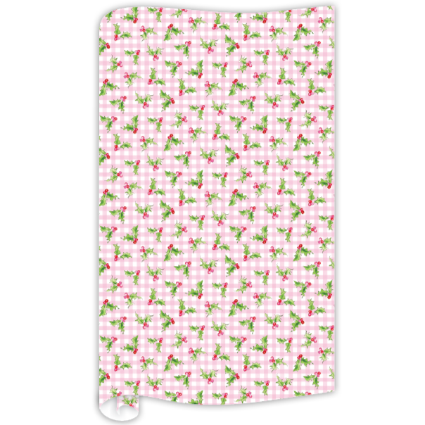 HANDPAINTED PINK HOLLY & GINGHAM WRAPPING PAPER Rosanne Beck Collections christmas gift wrap Bonjour Fete - Party Supplies