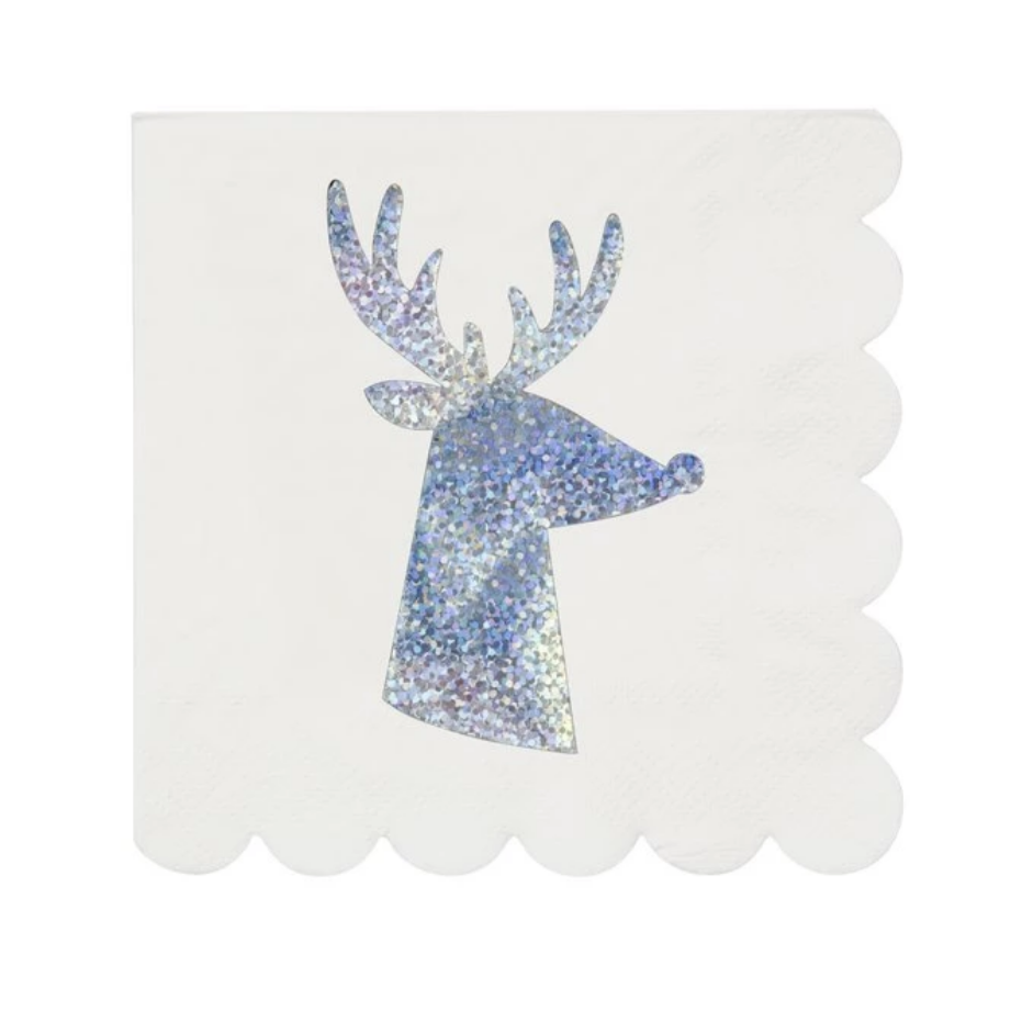 SILVER SPARKLE REINDEER SMALL NAPKINS Meri Meri Christmas Tableware Bonjour Fete - Party Supplies