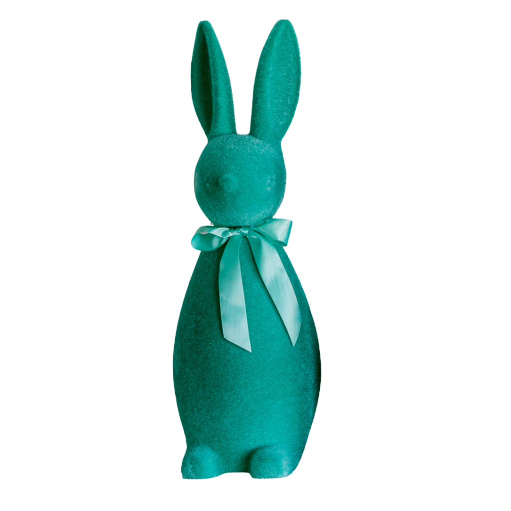 Teal flocked bunny decorations, flocked bunnies, and flocked Easter bunnies at Bonjour Fête.