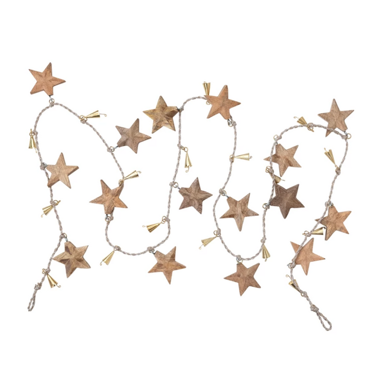 WOOD STAR GARLAND WITH METAL BELLS BY CREATIVECO-OP Creative Co-op Bonjour Fete - Party Supplies