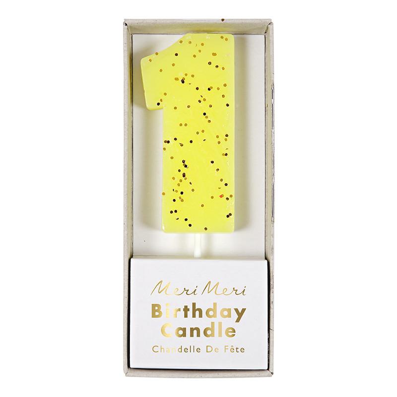 GLITTER NUMBER CANDLES Meri Meri Birthday Candles Yellow 1 Bonjour Fete - Party Supplies