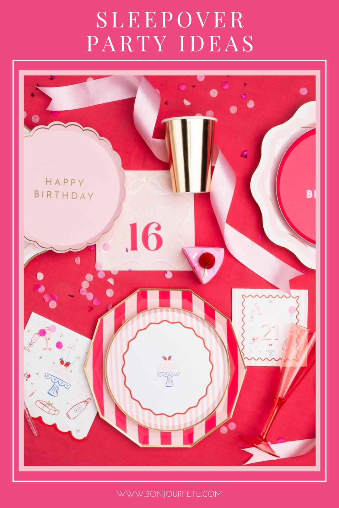 Aesthetic sleepover party setup with pastel decorations, balloons, and party supplies from Bonjour Fête