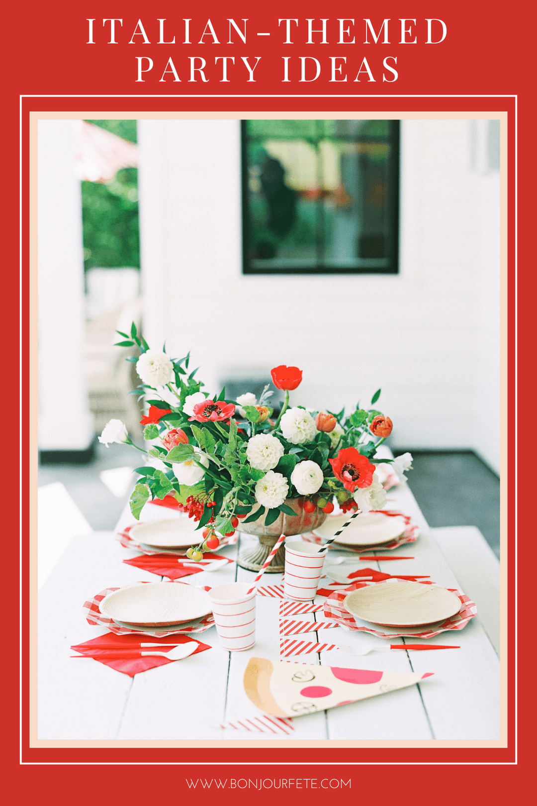 Elegant Italian-themed dinner party table setting with rustic decor, candles, and Mediterranean-inspired tableware