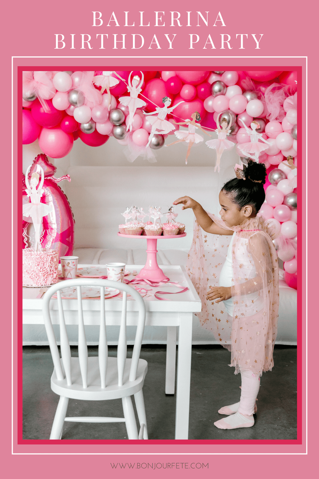 Elegant girls ballerina birthday party setup with pink and gold décor, tutus, and ballet-themed tableware by Bonjour Fête