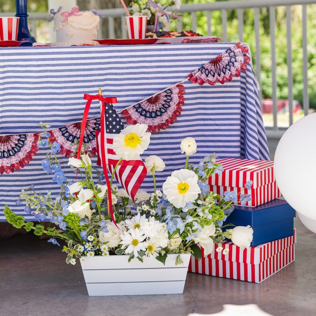 Patriotic 4th of July dessert table decor with display risers