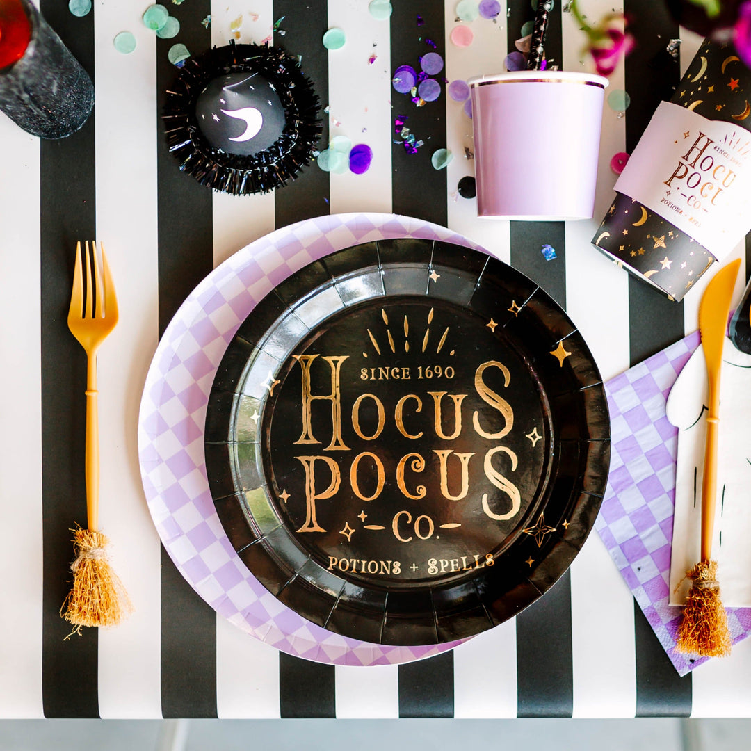 Hocus Pocus themed tableware and party supplies for a spooky witch themed party.