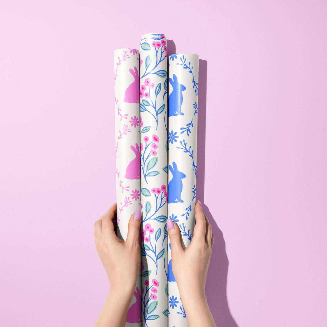 Blue bunny meadow wrapping paper roll for Easter or spring gift wrapping