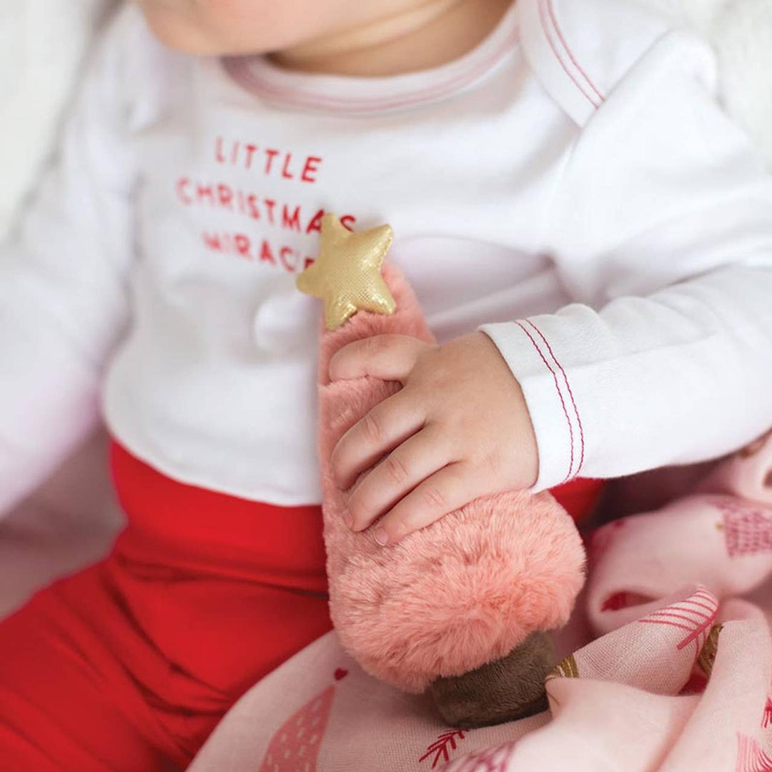 Pink Christmas tree plush rattle and swaddle blanket set for a baby gift