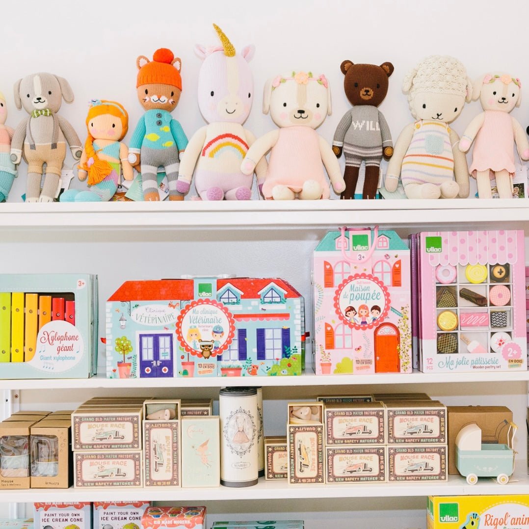 Shelves filled with children’s toys and stuffed animals
