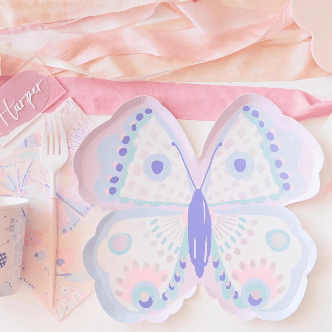 Butterfly party supplies for a butterfly birthday party.