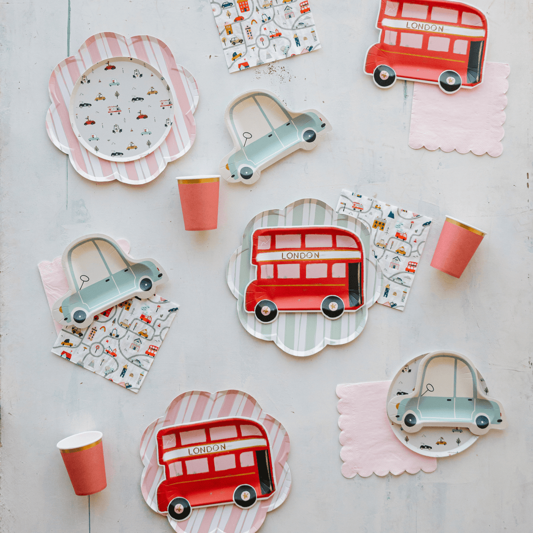 Car theme party supplies and bus theme party supplies for a car birthday party.