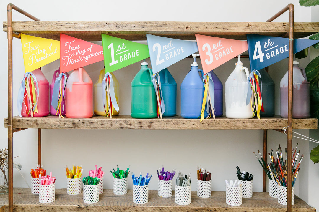 Art Supplies and Crafts on a school shelf