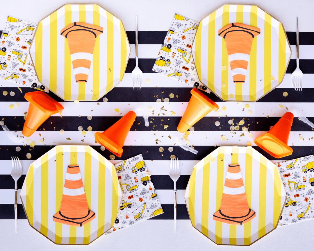 Construction theme party supplies for a construction birthday party.