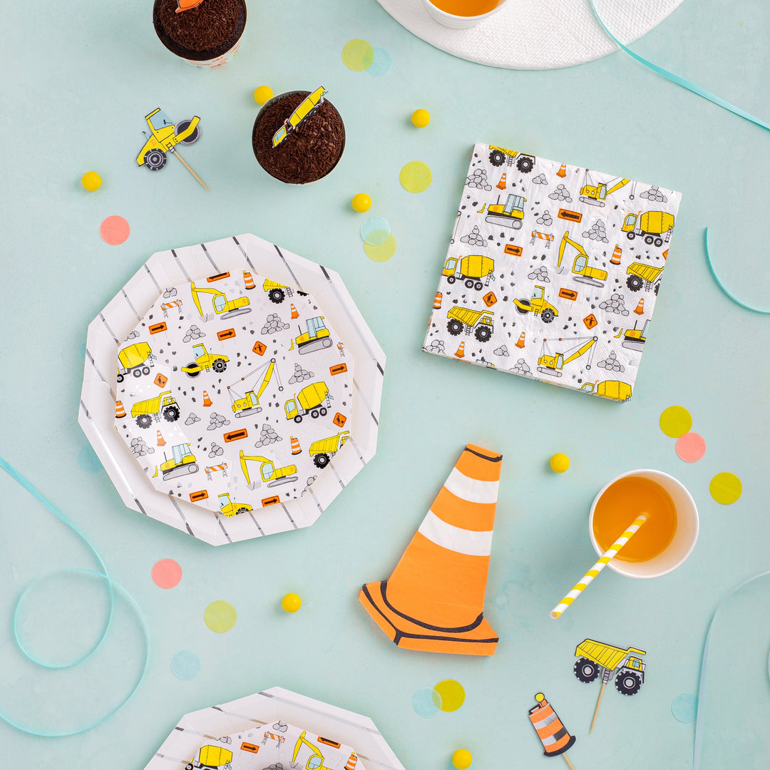 Construction theme party supplies for a construction birthday party.