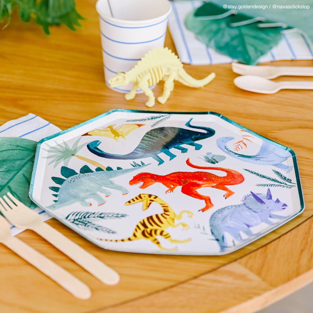 Dinosaur party supplies for a dinosaur birthday party.