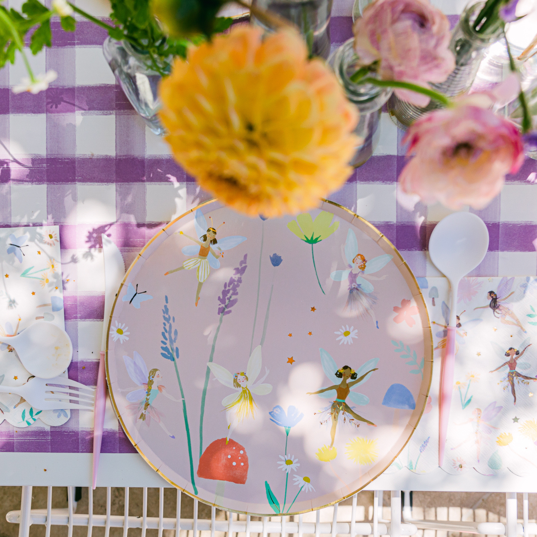 Fairy party supplies for a fairy theme birthday party.