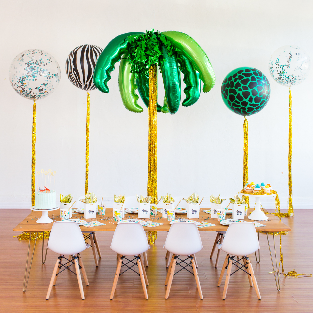 Jungle theme party supplies for a jungle party.