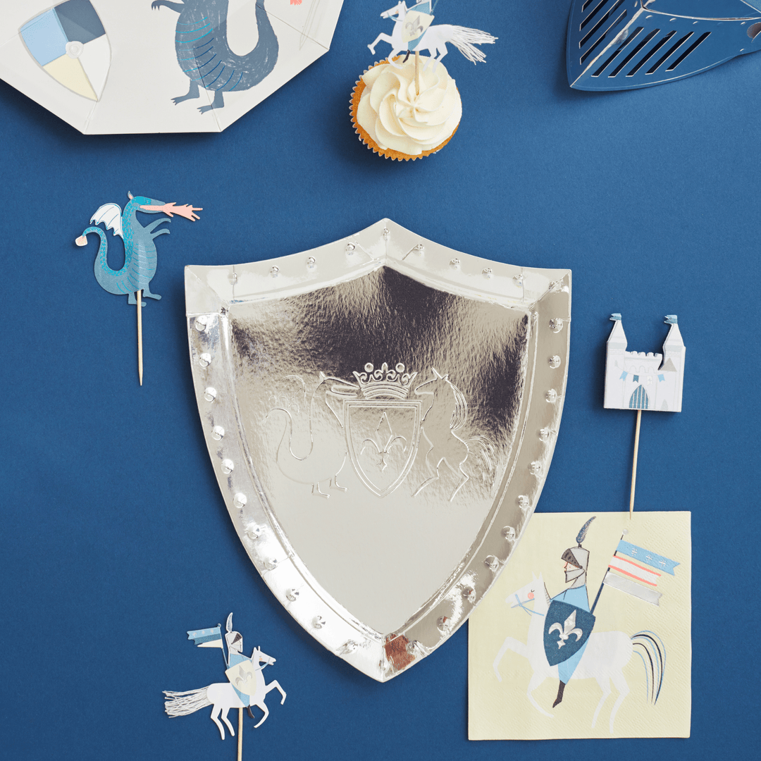 Knight party supplies for a knight theme birthday party.