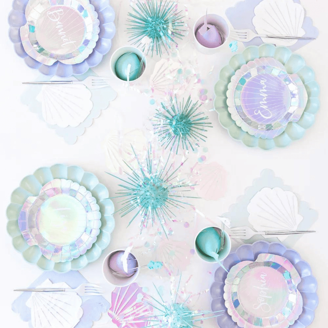 Mermaid party supplies for a mermaid theme birthday party.