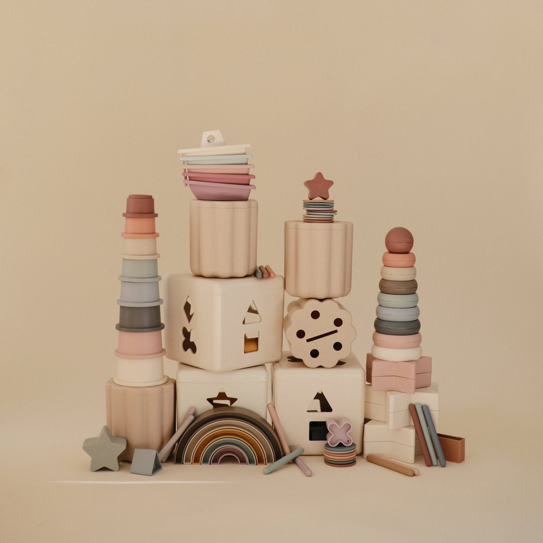 Flat lay of the Mushie coin and tube sorting set pieces