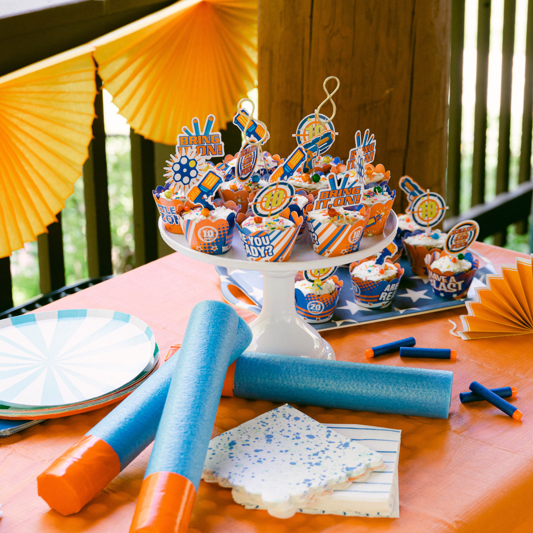 Nerf party supplies for a nerf theme birthday party.